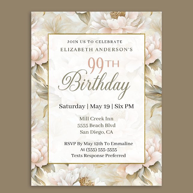 Convites Elegant Soft Pink Ivory Peony 99th Birthday  (Criador carregado)