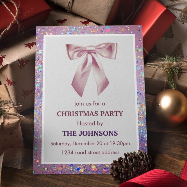 Convites Elegant Sparkling Bow Christmas Party Invitation (Criador carregado)