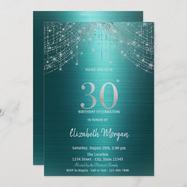 Convites Elegant String Lights Green Metallic 30th Birthday (Frente/Verso)