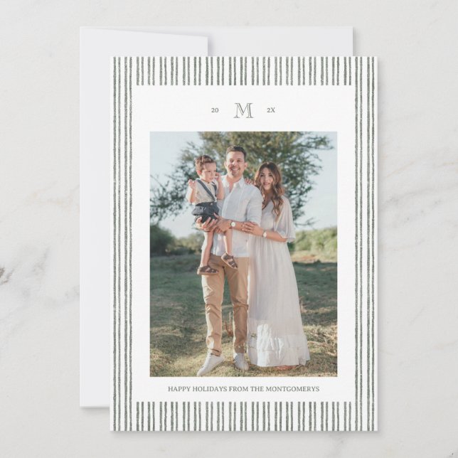 Convites Elegant Striped Linen Custom Photo Holiday Card (Frente)