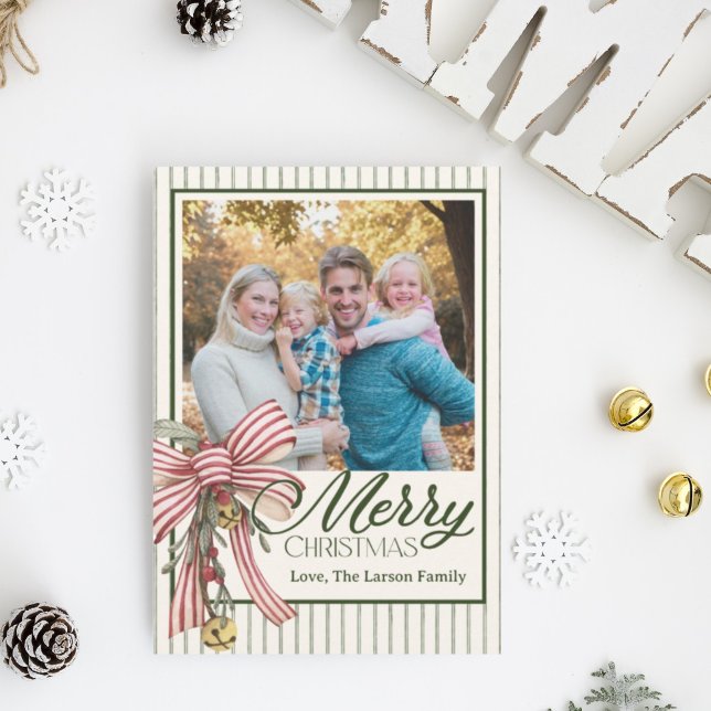 Convites Elegant Striped Merry Christmas Family Photo Card  (Criador carregado)