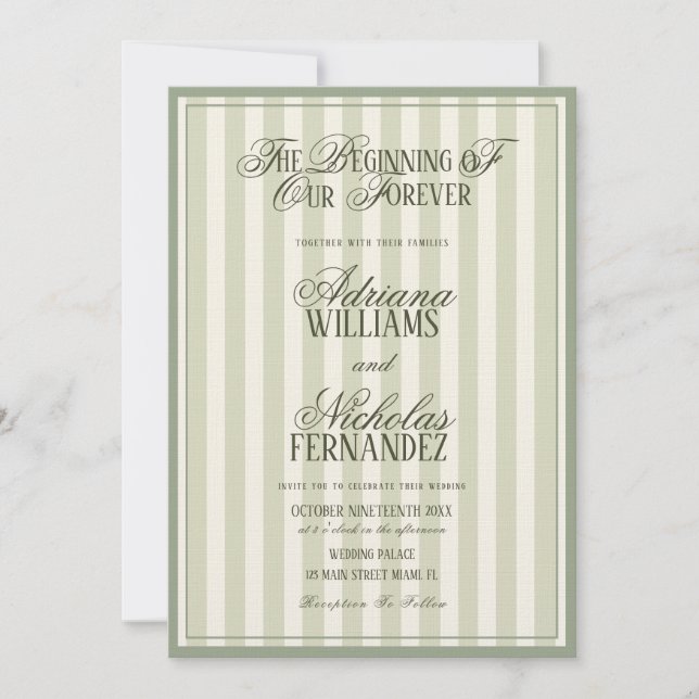 Convites Elegant Striped Vintage Green Wedding (Frente)