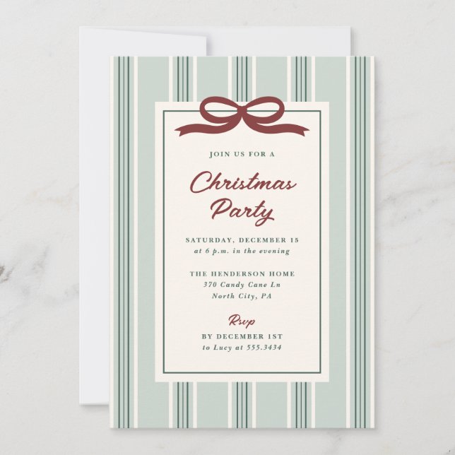 Convites Elegant Stripes and Bow Christmas Holiday Party (Frente)