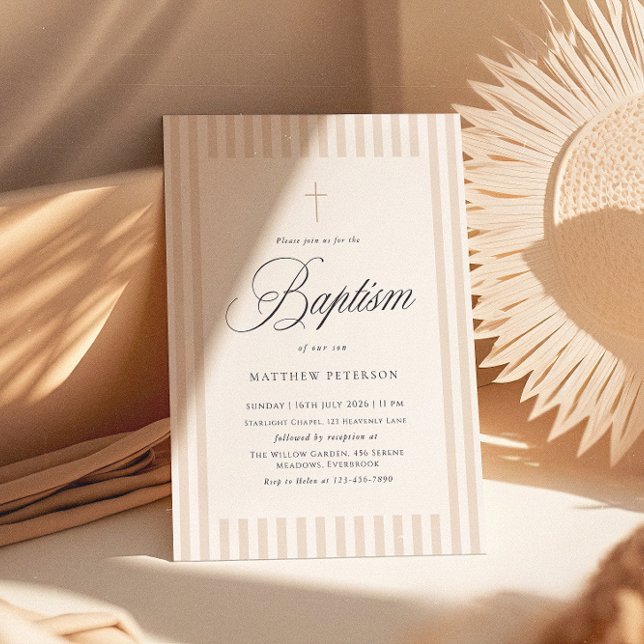 Convites Elegant Stripes Beige Calligraphy Baptism (Criador carregado)