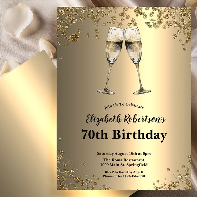 Convites Elegant Stylish Black and Gold 70th Birthday  (Criador carregado)