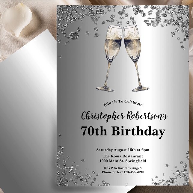 Convites Elegant Stylish Black and Silver 70th Birthday  (Criador carregado)