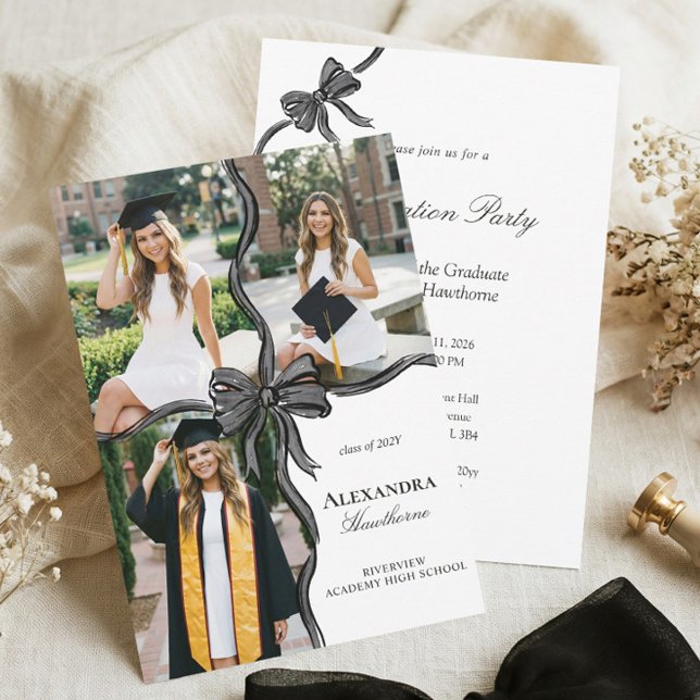 Convites Elegant Stylish Black Bow Ribbon Photo Graduation (Elegant Stylish Black Bow Ribbon Photo Graduation Invitation)