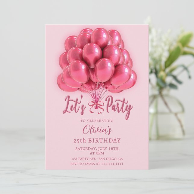 Convites Elegant Stylish Pink Balloons Birthday (Em pé/Frente)