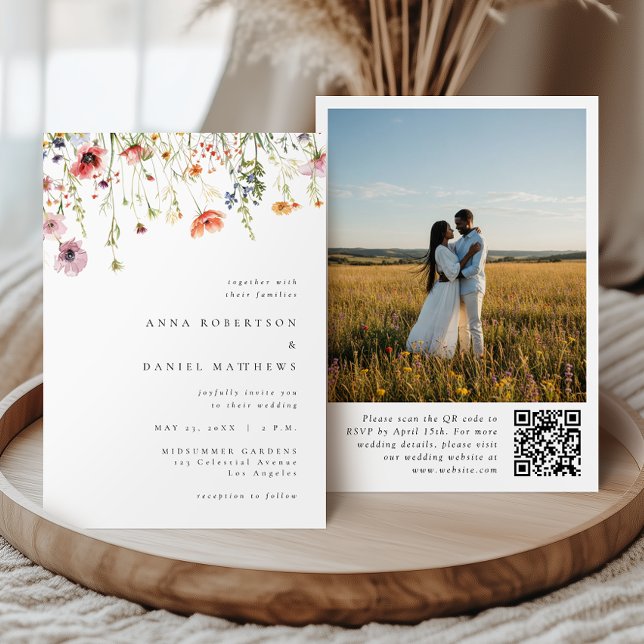 Convites Elegant Summer Wildflower QR Code Photo Wedding (Criador carregado)