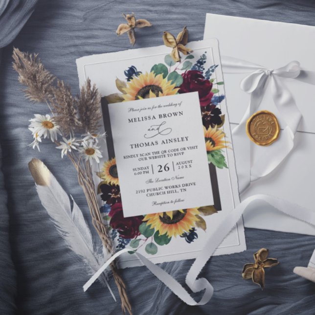 Convites Elegant Sunflower Rustic Budget QR Code Wedding (Criador carregado)