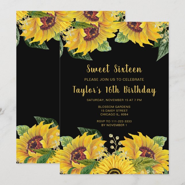 Convites Elegant Sunflowers and Foliage Sweet Sixteen (Frente/Verso)