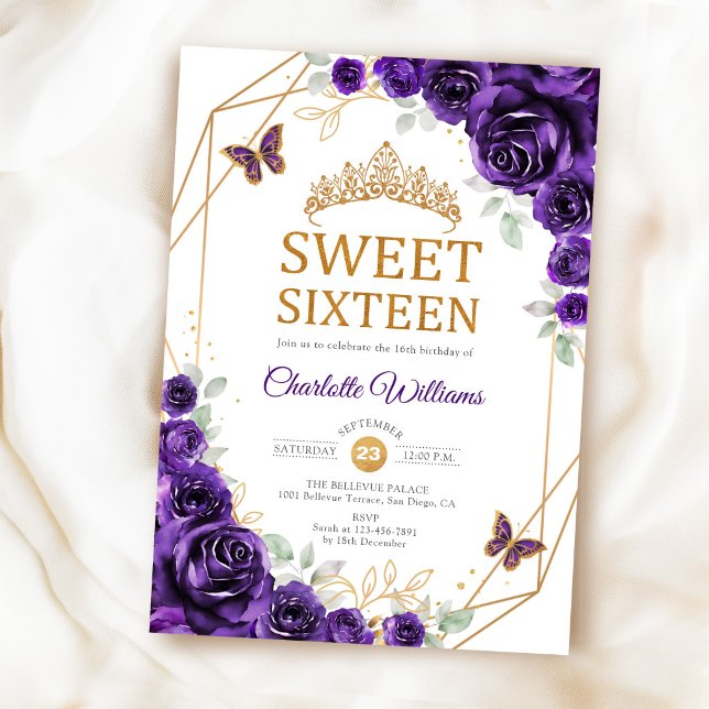 Convites Elegant Sweet 16 Rosas Roxas Douradas (Criador carregado)