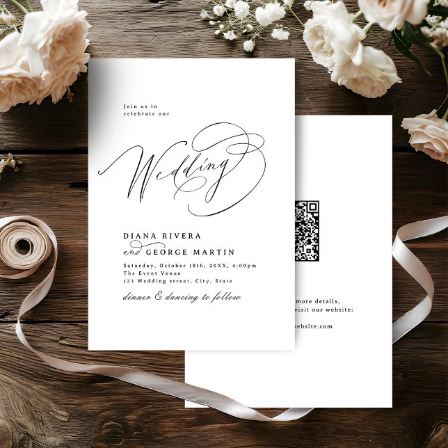 Convites Elegant Swirl Script Simple QR code Wedding (Elegant Swirl Script Simple QR code Wedding Invitation)