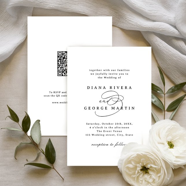 Convites Elegant Swirl Script Simple QR code Wedding (Elegant Swirl Script Simple QR code Wedding Invitation)