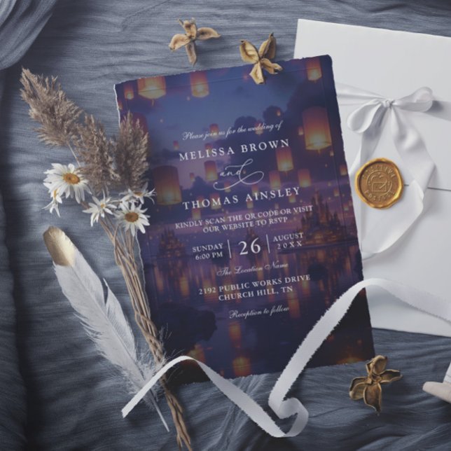 Convites Elegant Tangled Lanterns Budget QR Code Wedding (Criador carregado)