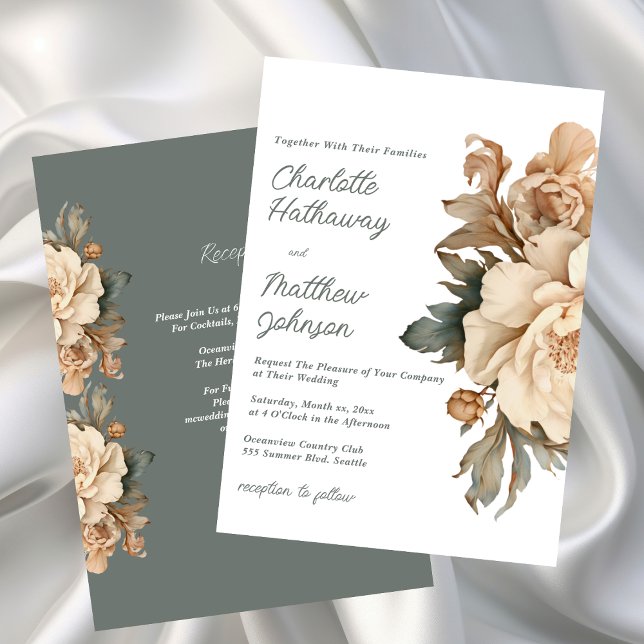 Convites Elegant Taupe Floral Wedding With Sage Green (Elegant Taupe Floral Wedding Invitation with Sage Green)