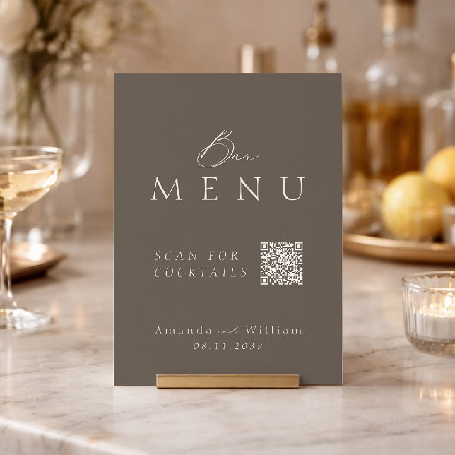 Convites Elegant Taupe QR Code Wedding Bar Menu Sign (Criador carregado)