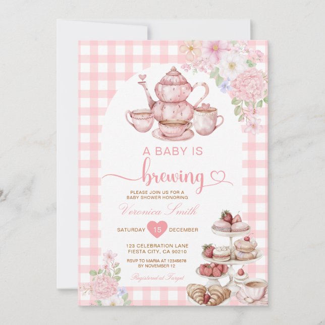 Convites Elegant Tea A Baby is Brewing Baby Shower Flowers (Frente)