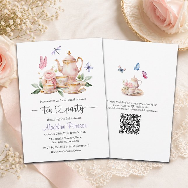 Convites Elegant Tea Party QR Code Butterfly Bridal Shower  (Criador carregado)