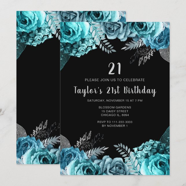 Convites Elegant Teal Blue and Silver Flower Birthday Party (Frente/Verso)