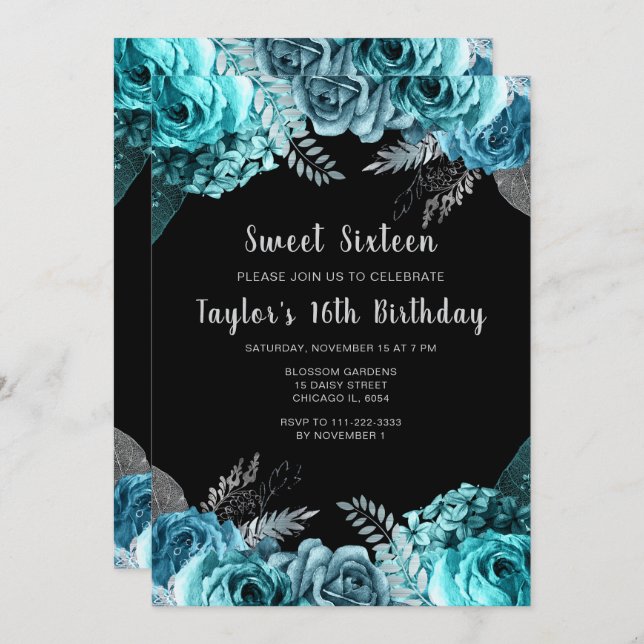 Convites Elegant Teal Blue and Silver Flowers Sweet Sixteen (Frente/Verso)