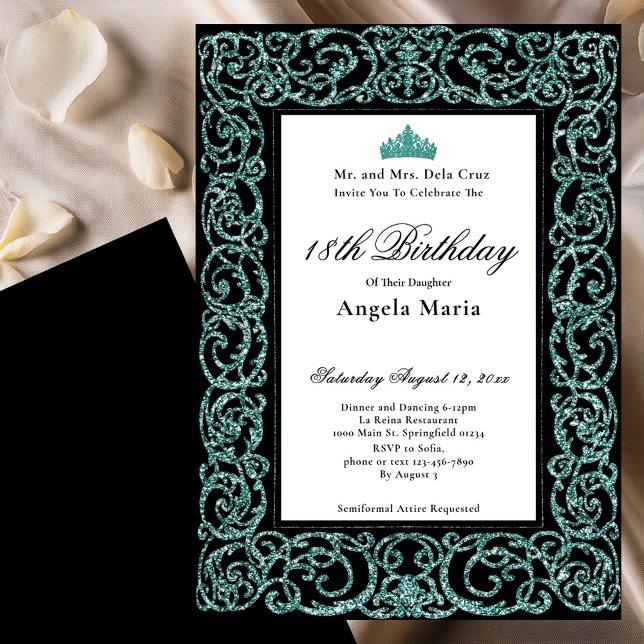 Convites Elegant Teal Border 18th Birthday Debut (Criador carregado)