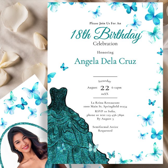 Convites Elegant Teal Butterflies Dress 18th Birthday Debut (Criador carregado)