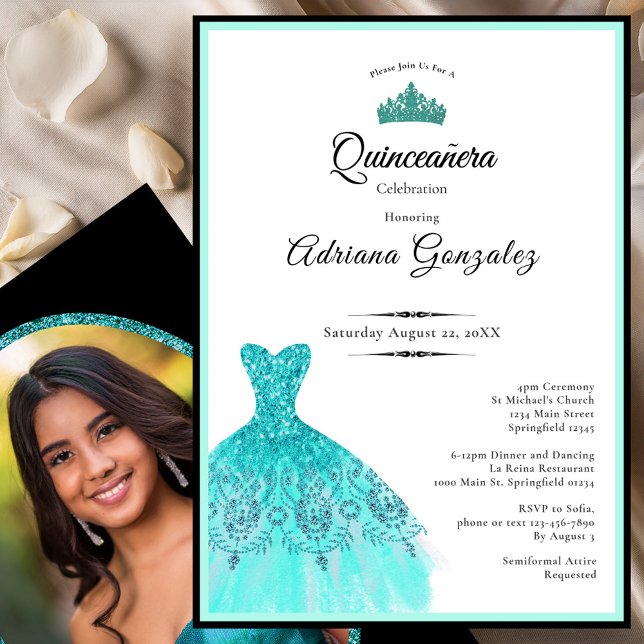 Convites Elegant teal dress 15th birthday Quinceanera (Criador carregado)