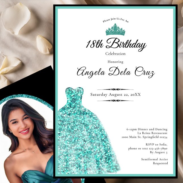 Convites Elegant teal dress 18th birthday debut (Criador carregado)