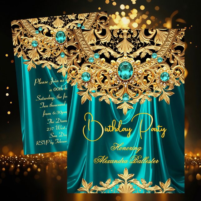 Convites Elegant Teal Gems Gold Lace Damask Birthday Party (Criador carregado)