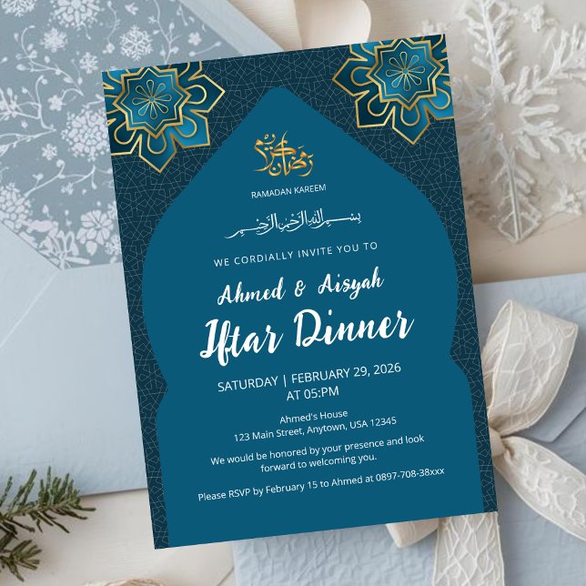 Convites Elegant Teal Gold Islamic Ramadan Iftar Invitation (Criador carregado)