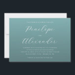 Convites Elegant Teal Minimalist Wedding Invitation<br><div class="desc">This elegant wedding invitation features a minimalist design with a calming teal background and crisp white typography. The layout is clean and sophisticated, utilizing ample negative space to highlight the names in flowing script font, creating a focal point for the invitation. Customizable text fields allow personalization for dates, times, and...</div>