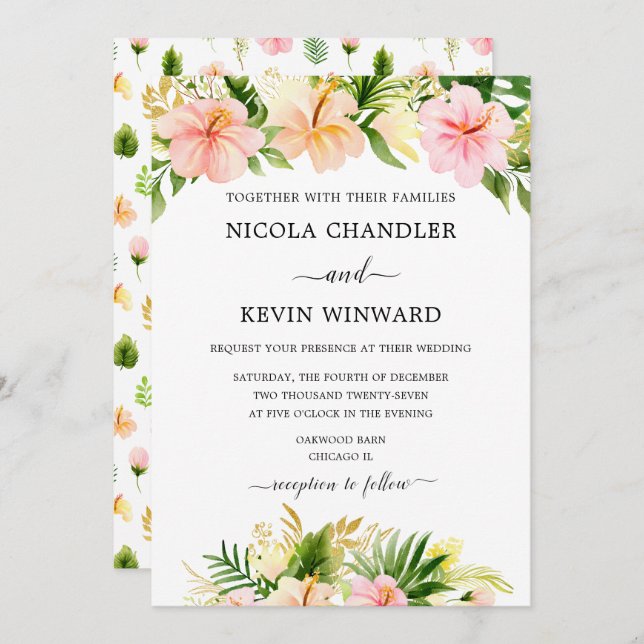 Convites Elegant Tropical Floral Wedding (Frente/Verso)