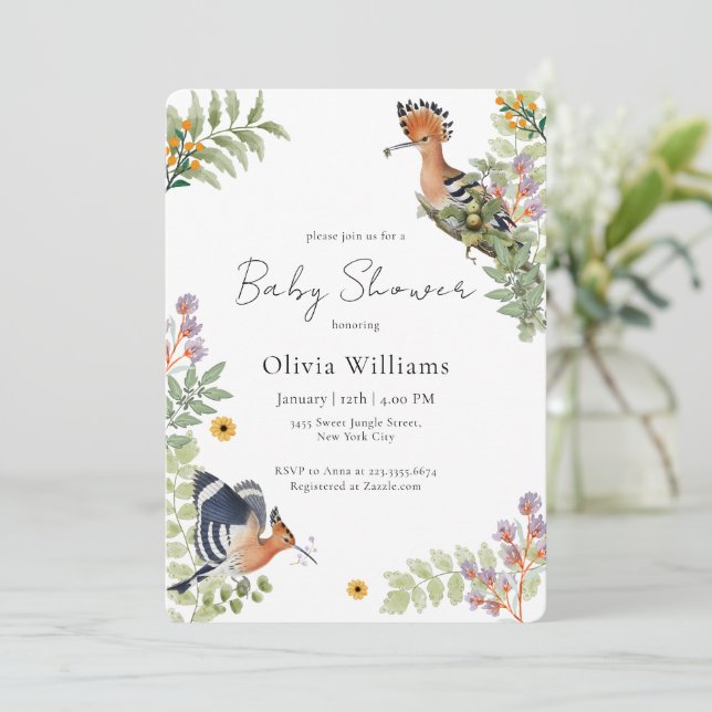 Convites Elegant Tropical Wildflower Birds Baby Shower (Em pé/Frente)