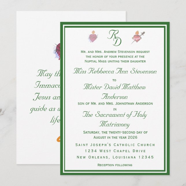 Convites Elegant Two Hearts Catholic Wedding Invitation (Frente/Verso)