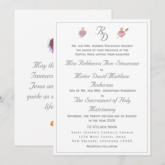 Convites Elegant Two Hearts Catholic Wedding Invitation (Frente/Verso)