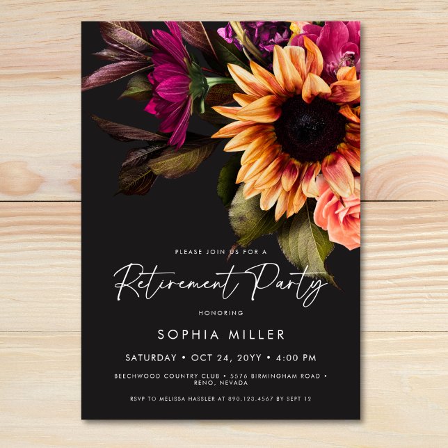 Convites Elegant Vibrant Sunflower Floral Retirement Party (Elegant Vibrant Sunflower Floral Retirement Party Invitation)