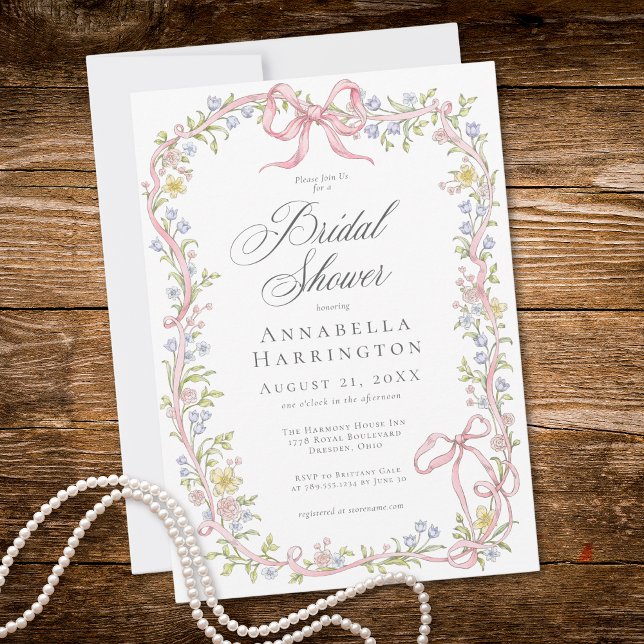 Convites Elegant Victorian Pastel Floral Bow Bridal Shower (Elegant Victorian Pastel Floral Bow Bridal Shower Invitation)
