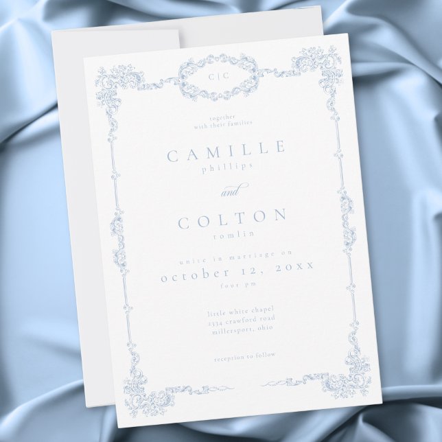 Convites Elegant Vintage Baroque Dusty Blue Wedding (Elegant Vintage Baroque Dusty Blue Wedding Invitation)