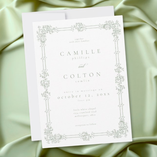 Convites Elegant Vintage Baroque Sage Green Wedding (Elegant Vintage Baroque Sage Green Wedding Invitation)