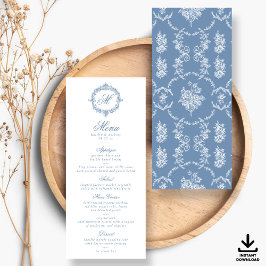 Convites Elegant Vintage Blue Toile Monogram Wedding Menus