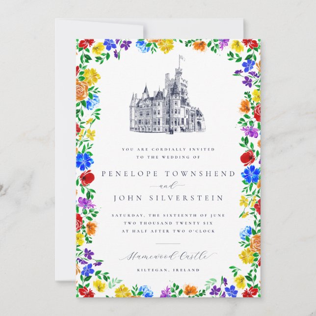 Convites Elegant Vintage Castle Rainbow Floral Wedding (Frente)