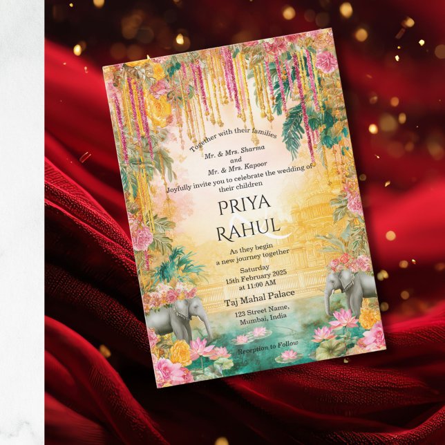 Convites Elegant Vintage Floral Elephants Indian Wedding (colorful indian wedding invitation with floral elephants)
