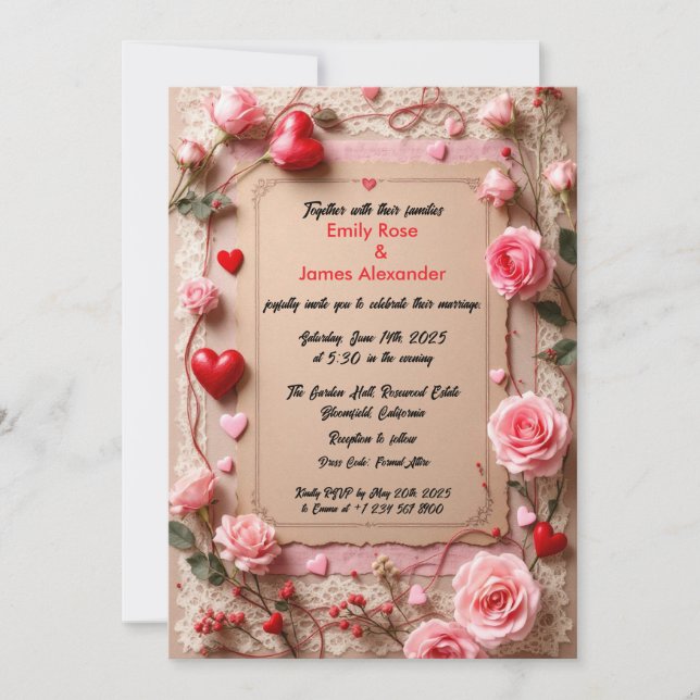 Convites Elegant Vintage  Roses &Hearts wedding invitation (Frente)