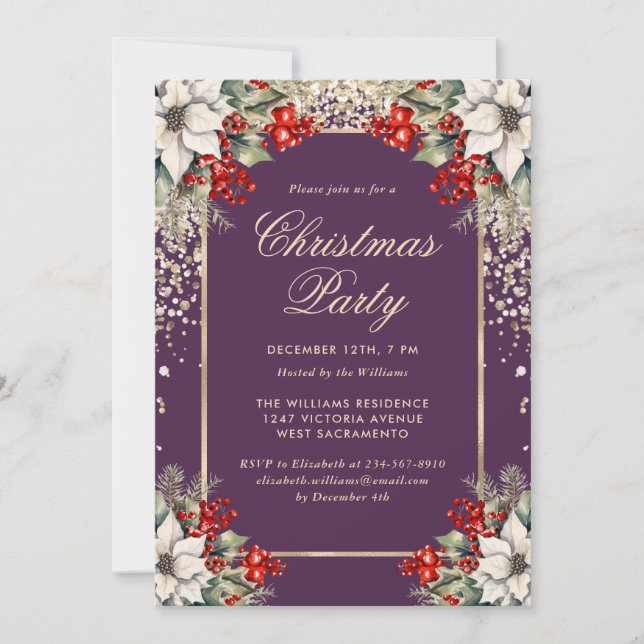 Convites Elegant Violet Gold Botanical Christmas Party (Frente)