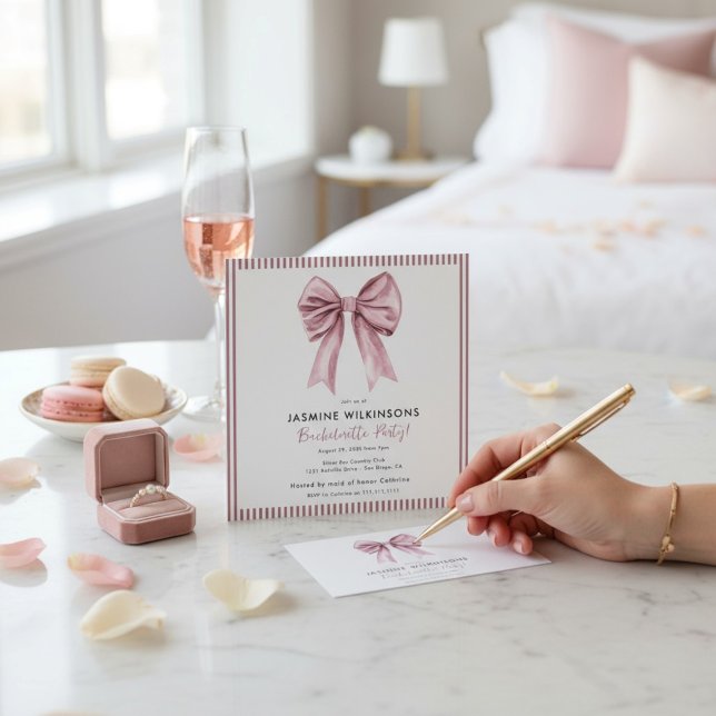 Convites Elegant Watercolor Bow Bachelorette Party Card (Criador carregado)