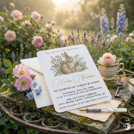 Convites Elegant Watercolor Bunny and Wildflower Garden Bab