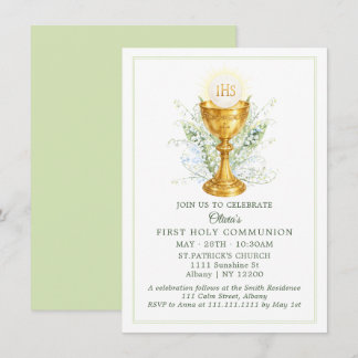 Convites Elegant Watercolor Chalice First Holy Communion
