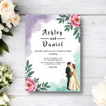 Convites Elegant Watercolor Floral Bride And Groom Wedding<br><div class="desc">This elegant watercolor floral wedding invitation is perfect for a modern wedding. The romantic design features an elegant watercolor floral frame with a bride and groom illustration and black calligraphy on a white background.</div>