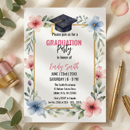 Convites Elegant Watercolor Floral Pink Blue Graduation